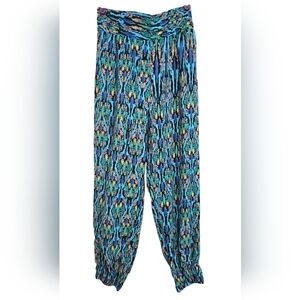 GAIA Boho Abstract Print Harem Style Pants In  Blue/green Multi. Size S/M